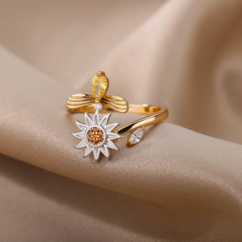 Anneaux anti-stress, anxiété, fidget pour femmes, en acier sans satin, Spinner, tournesol, étoile de soleil, bijoux à la mode,