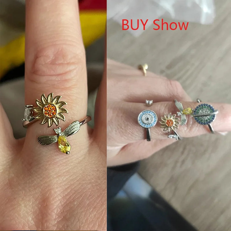 Anneaux anti-stress, anxiété, fidget pour femmes, en acier sans satin, Spinner, tournesol, étoile de soleil, bijoux à la mode,