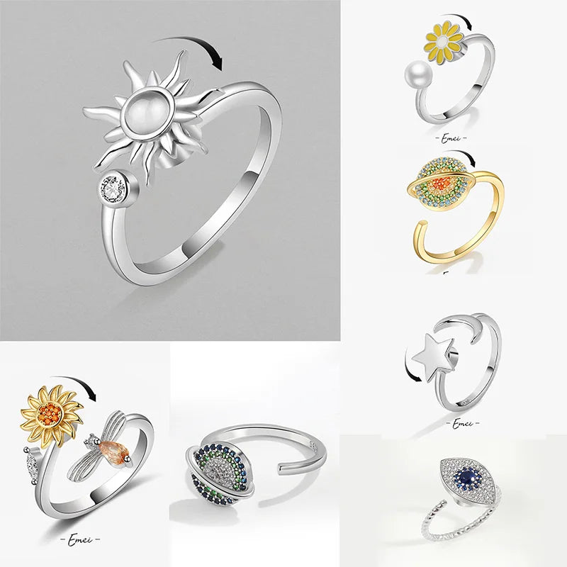 Anneaux anti-stress, anxiété, fidget pour femmes, en acier sans satin, Spinner, tournesol, étoile de soleil, bijoux à la mode,